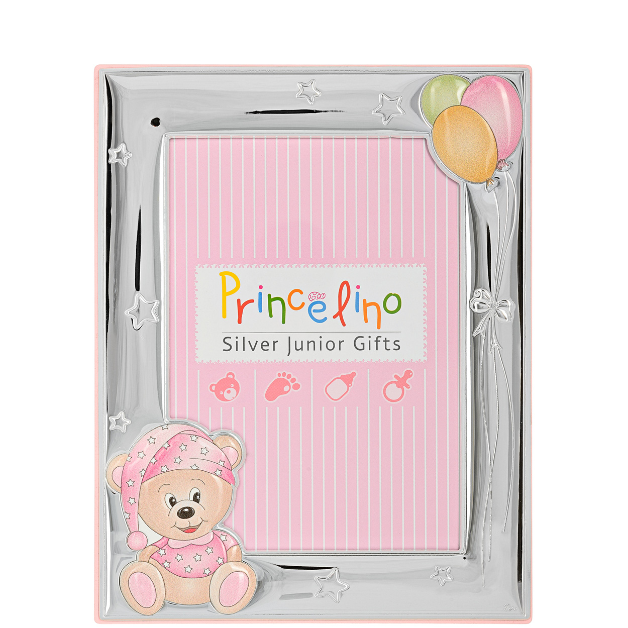 asimenia-paidiki-korniza-roz-arkoudaki-me-balonia ιδανικά δώρα για γέννηση και βάπτιση κορνίζες